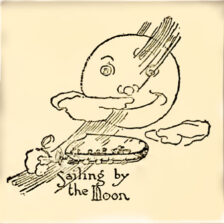 The flying submarine flies past the big smiling moon